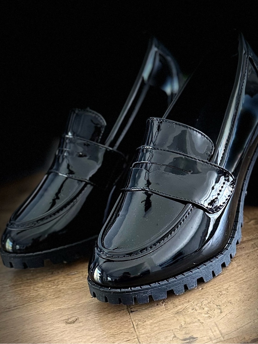 Black Patent Chunky-Heel Loafers for Women - Picture 2 of 10